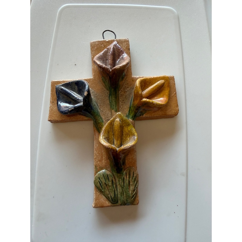 Mexican Talavera Pottery Wall Cross with 3D Calla Lily Flowers, Terracotta